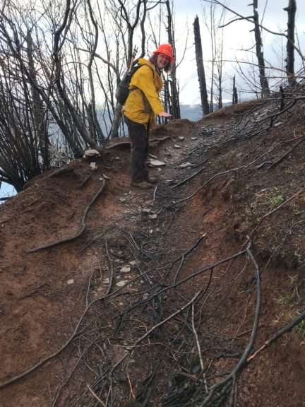 A woman in yellow jacket and orange hard hat bends over a rutted curve of trail on a steep, burned-over slope.