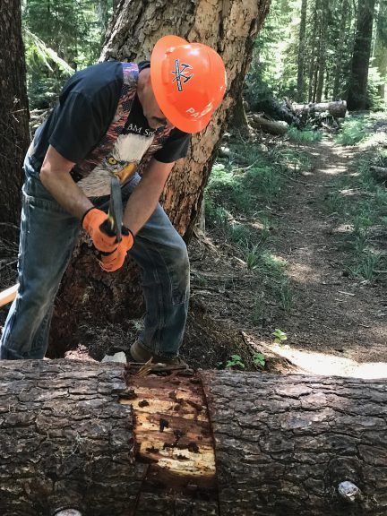 A man swings a hatchet into a log.