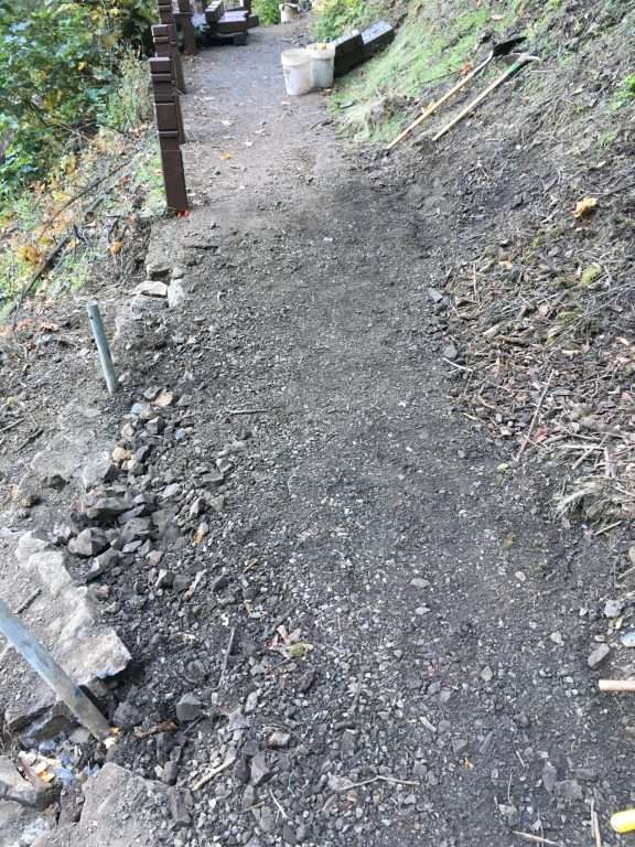 A dirt-and-gravel section of trail on a hillside.