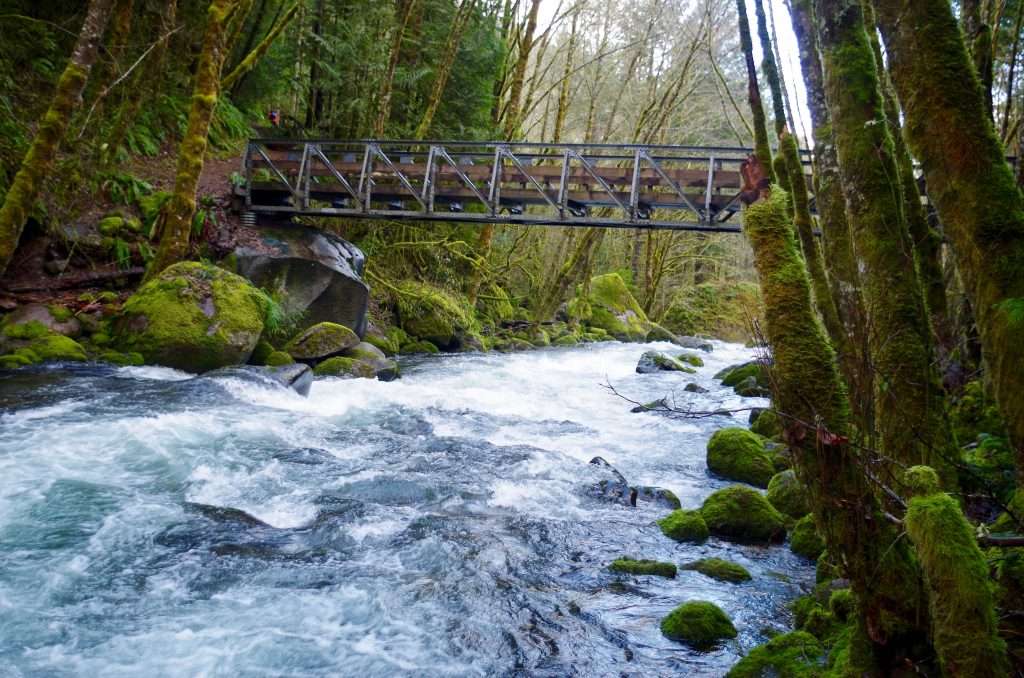 A steel hiker’s bridge spans a rushing creek lined by mossy boulders.