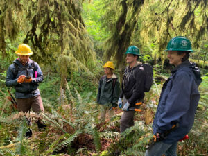 Four people in hardhats talk on a trail in the forest.
