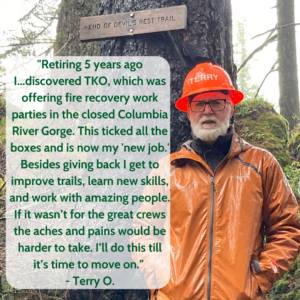 A man in orange rain jacket and hard hat poses in front of a Devil's Rest trail sign, overlaid by a quote.